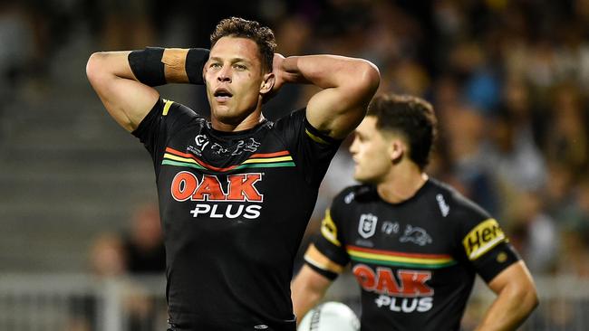 MACKAY, AUSTRALIA - SEPTEMBER 18: Scott Sorensen of the Panthers looks dejected during the NRL Semifinal match between the Penrith Panthers and the Parramatta Eels at BB Print Stadium on September 18, 2021 in Mackay, Australia. (Photo by Matt Roberts/Getty Images)