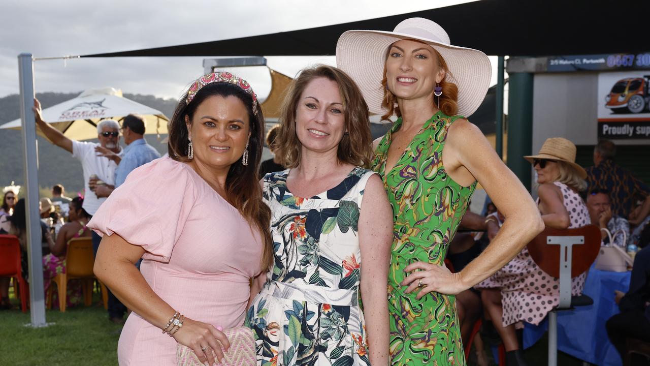 Rochelle Kettles, Fiona Lawson and Emma Dupuy at the Gordonvale Cup, held at the Gordonvale Turf Club. Picture: Brendan Radke