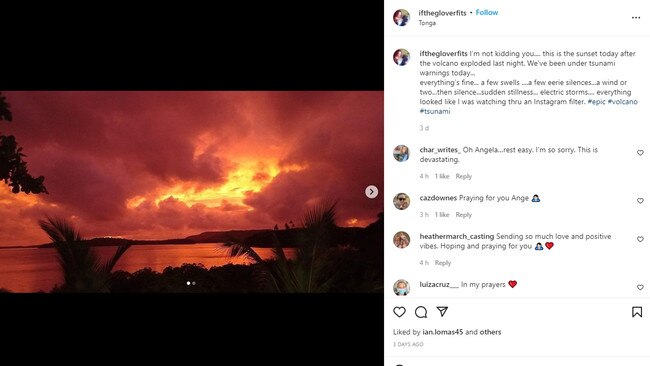 The final Instagram post of Angela Glover warned of sudden stillness before she went missing during the Tongan tsunami. Picture: Supplied.