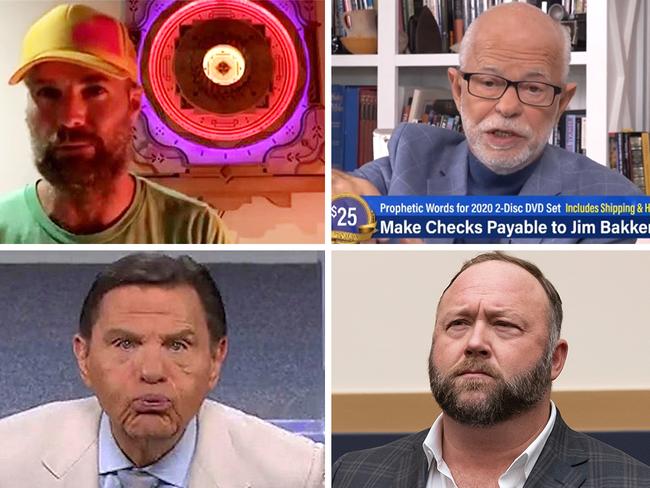 Coronavirus 'cures': (clockwise from top left) Pete Evans and his biolamp; televangelist Jim Bakker, InfoWars' Alex Jones and televangelist Kenneth Copeland.