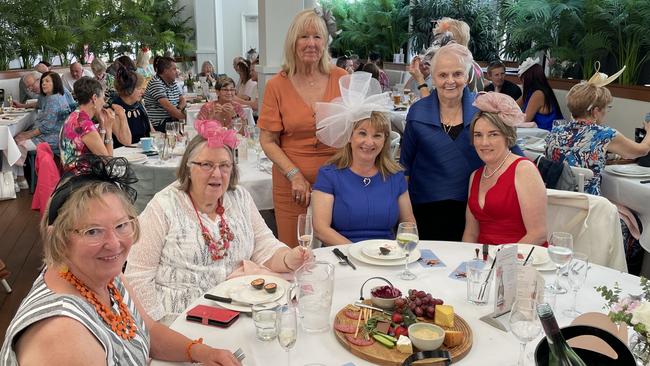 Melbourne Cup in Port Macquarie: (back) Tricia Dixon and Lesley Hewett with (front) Sandie Woods, Janette Merrick, Anne Flinter and Sally Rodgers at Settlers Inn.