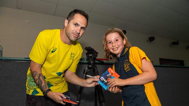 Brad Hore and Charlotte Parker as Olympians run training drills with Katherine kids at the YMCA as part of Olympics Unleashed program. Picture: Pema Tamang Pakhrin