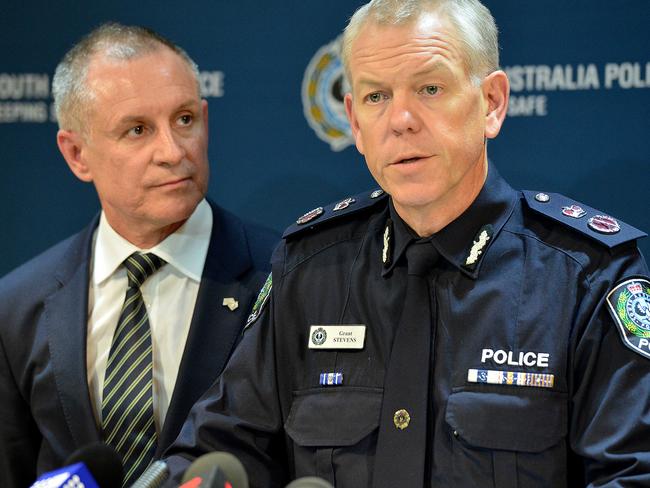South Australian Premier Jay Weatherill (left) fronts the media with Police Commissioner Grant Stevens at the SAPOL Angas St headquarters. Picture: Bianca De Marchi