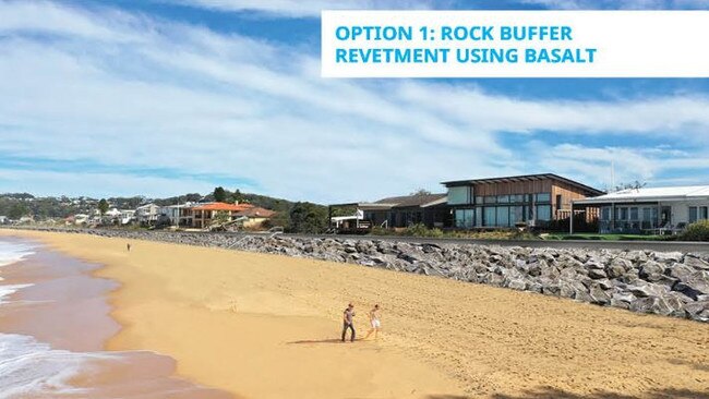 Option 1 is for a rock buffer using basalt, which is similar to the emergency rocks placed after last year’s storm. Picture: supplied