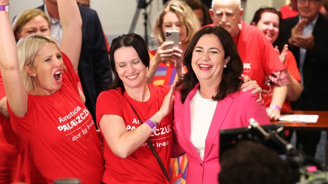 Annastacia Palaszczuk with her sisters Julia and Nadia on arrival to the election after-party, Blue Fin Fishing Club, Inala. Photographer: Liam Kidston.