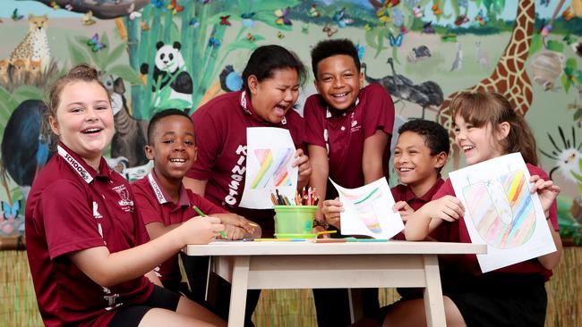 Year 5 students Eva Ingram, Melchior Muhindo, Sara Siaosi, Tyreese Sesay, John Loumoli and Daisy Fletcher at Kingston State School as Children's Week kicks off with hundreds of schools teaching kids about their rights. Picture: Tara Croser