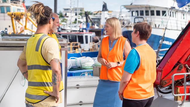 Minister Manison and Katherine Winchester (Seafood Council chief executive) at the Frances Bay Mooring Basin announcing a new value-added initiative for the NT seafood industry. Photograph: Che Chorley