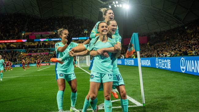 Hayley Raso of Australia celebrates her second goal during the match between Canada and Australia. Picture: Will Murray/Getty Images