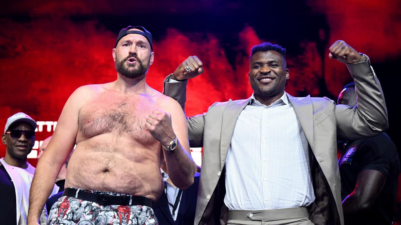 Tyson Fury and Francis Ngannou at a press conference ahead of their fight this Sunday. (Photo by Justin Setterfield/Getty Images)