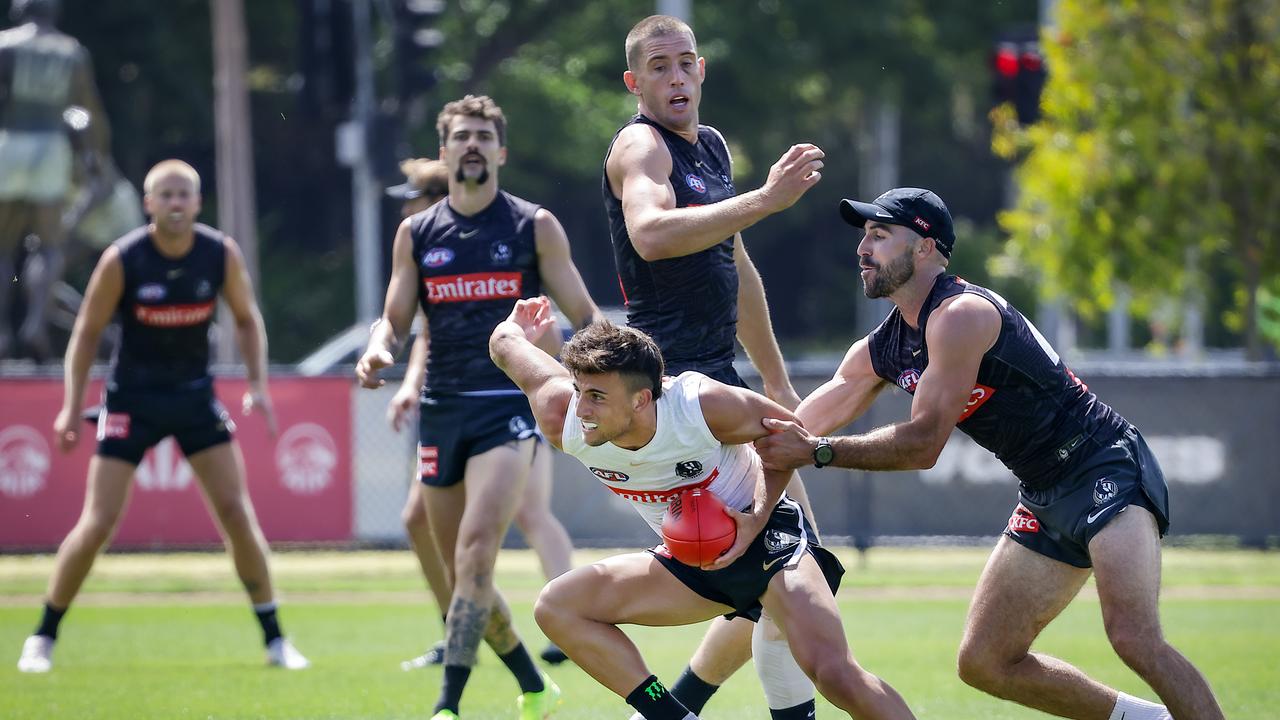 The Pies get after it. Picture: Ian Currie