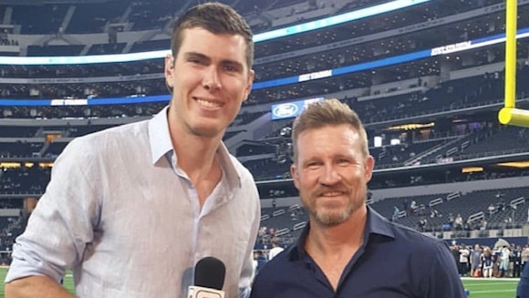 Mason Cox and Nathan Buckley on ESPN. Picture: Instagram/@masonsixtencox