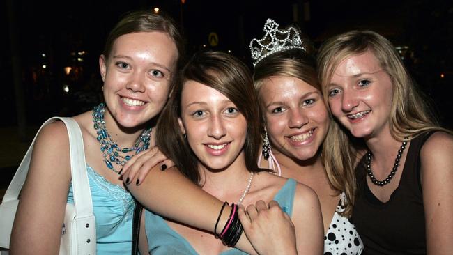 Michelle Smit, Lisa Lonergan, Katrina Thorpe and Hollie Scruton celebrate New Year’s Eve at Mooloolaba in 2005. Picture: Brett Wortman.