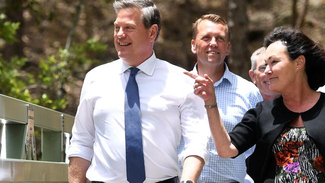 LNP leader Tim Nicholls, Member for Indooroopilly Scott Emerson and Mt Ommaney MP Tarnya Smith   are ready to build bridges. Picture: AAP/Dan Peled