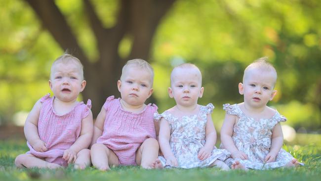 Ivy and Ella Meadows and Adeline and Maeve Marshall are baby besties. Picture: Peter Wallis