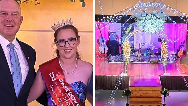 Emily Graham was announced Gympie Showgirl of 2023, donning a breathtaking floor-length dress patterned in swirls of blue.