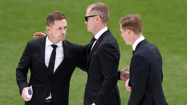 Joel Selwood, Adam Selwood and Scott Selwood during Troy Selwood’s funeral service.(Photo by Michael Willson/AFL Photos via Getty Images)