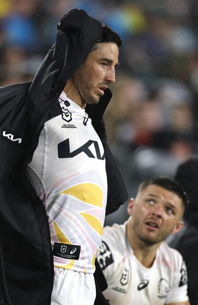 Ben Hunt of the Broncos on the bench after injuring his hamstring during the round 10 NRL match between the South Sydney Rabbitohs and Brisbane Broncos at Accor Stadium. Picture: Getty Images