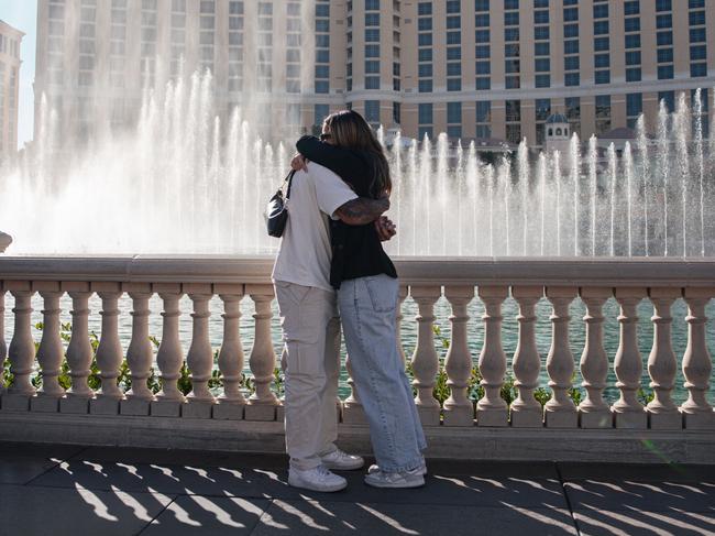 Raiders winger Xavier Savage after proposing to his partner, Taliah Simbolon, in front of the Bellagio Hotel and Casino fountains. Picture: Sam Gibson