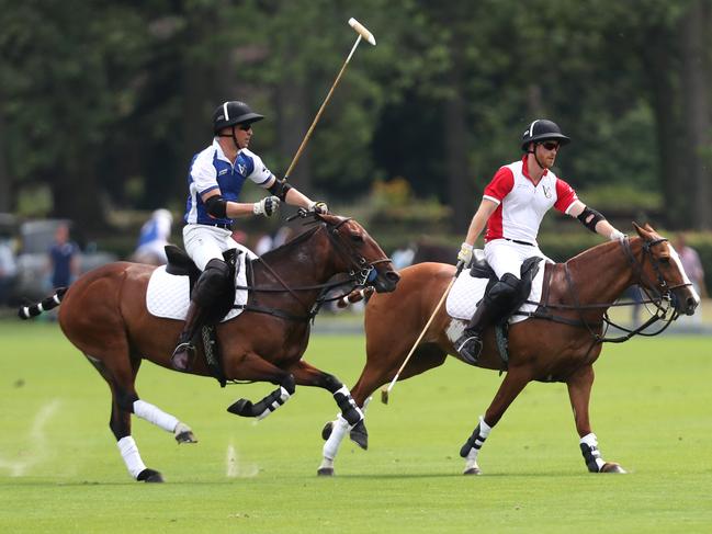 Prince William, Duke of Cambridge and Prince Harry, Duke of Sussex compete during the King Power Royal Charity Polo Day for the Vichai Srivaddhanaprabha Memorial Trophy at Billingbear Polo Club. Picture: Getty