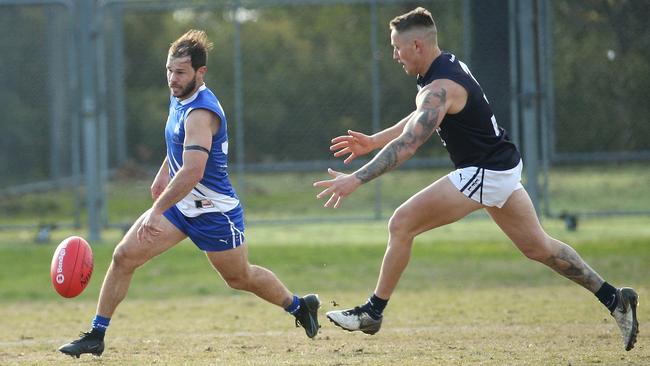 EFL: East Ringwood’s Jason Coghlan and Beau Christie of Croydon fight for the ball. Picture: Hamish Blair