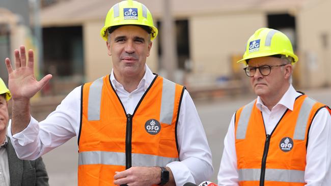 ADELAIDE, AUSTRALIA - NewsWire Photos September 25 2023: Australian Prime Minister Anthony Albanese and South Australian Premier Peter Malinauskas speak to the media during a visit to the Whyalla steelworks. NCA NewsWire / David Mariuz