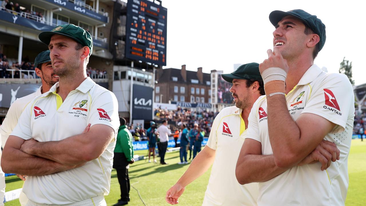 Pat Cummins with a heavily bandaged left wrist after the final Ashes Test at The Oval. (Photo by Ryan Pierse/Getty Images)