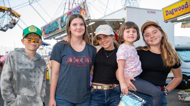 Enjoying sideshow alley, from left; Max Death, Ciena Nielsen, Bella Whittall, Ivy Nielsen and Georgia Death. Heritage Bank Toowoomba Royal Show. Thursday April 18th, 2024 Picture: Bev Lacey