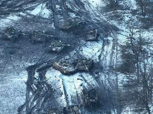 Shocking aerial footage taken by Ukrainian drones in the aftermath of the attack showed twisted wreckage of armoured vehicles on the outskirts of Vuhledar. Picture: Supplied