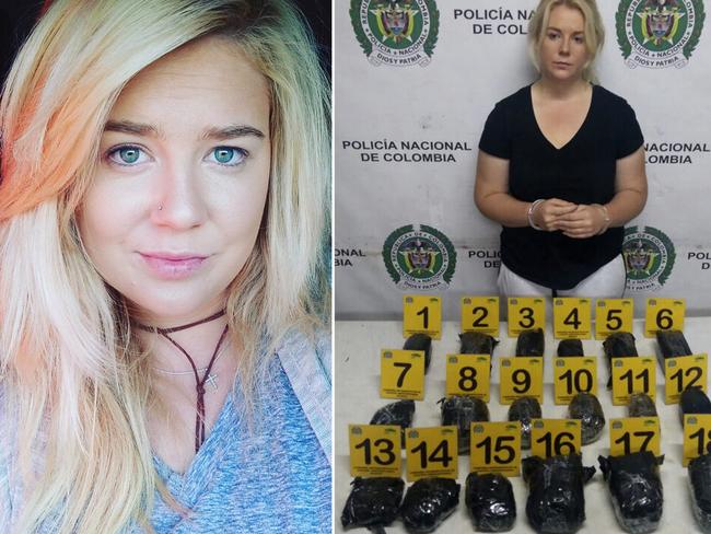 Ms Sainsbury with almost six kilograms of cocaine hidden in packages that was allegedly found in her luggage. Picture: Colombia National Police via AP