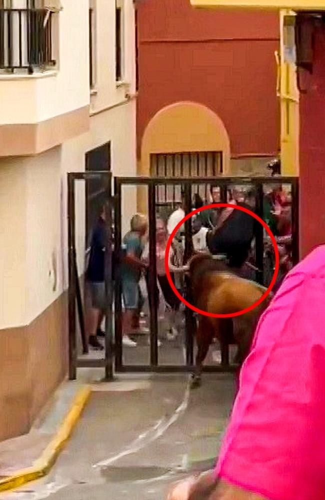 Before the man had a chance to react, the bull picked him up with one of its horns from the other side of a metal barrier. Picture: Jam Press