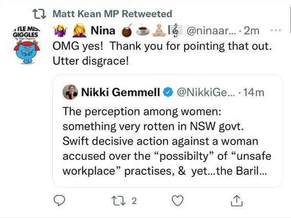 The tweet slamming the NSW Government for “double standards” was shared by Treasurer Matt Kean, who later deleted it and blamed “fat thumbs in my office” for the message.