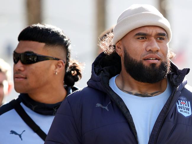 DAILY TELEGRAPH 8TH JUNE 2022Pictured at Sydney Olympic Park in Sydney are NSW Blues Players Brian ToÃo and Junior Paulo ahead of game one of the 2022 State of Origin Series.Picture: Richard Dobson