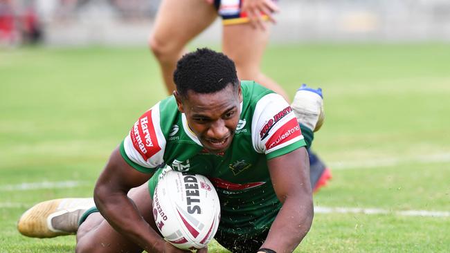 RUGBY LEAGUE: Meninga Cup between Ipswich Jets and Clydesdales. Jets, Anton Naiyep scores a try. Picture: Patrick Woods.