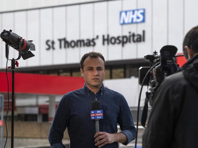 Members of the media outside of the London hospital where Boris Johnson is in intensive care. Picture: Getty Images