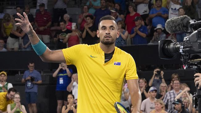 Nick Kyrgios beat Stefanos Tsitsipas – and then leapt to the young Greek star’s defence. Picture: AAP