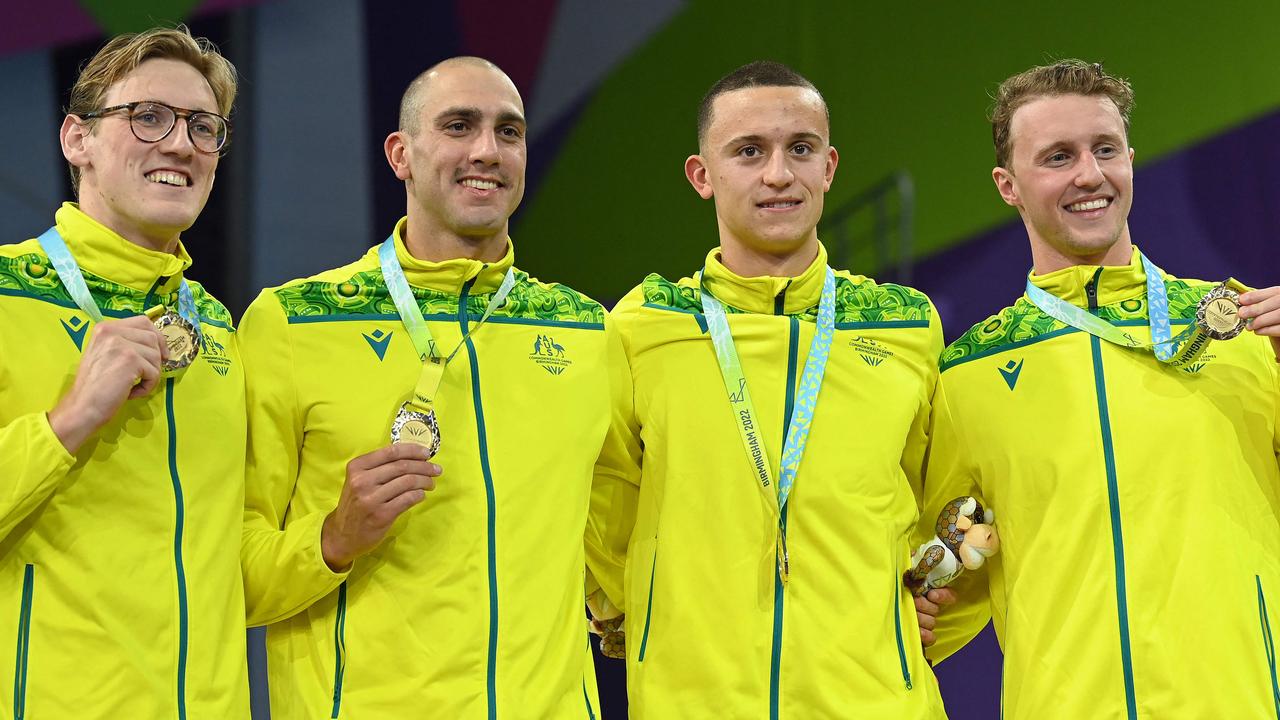 Gold medallists Australia's Mack Horton, Australia's Zac Incerti, Australia's Flynn Southam and Australia's Elijah Winnington