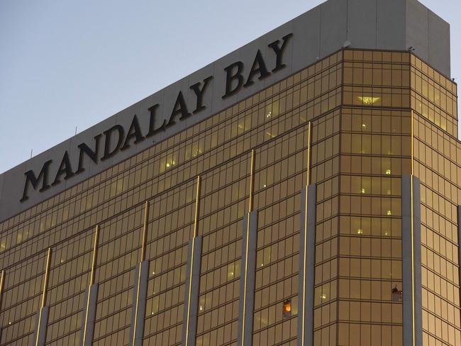 Broken windows that Stephen Paddock fired from in the The Mandalay Bay Hotel and Casino are seen in Las Vegas, Nevada. Picture: AFP