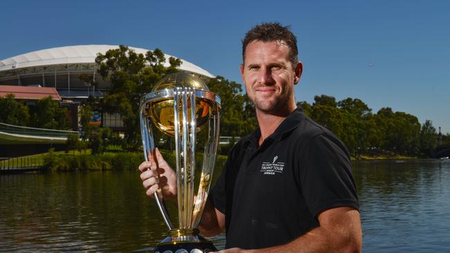 Shaun Tait with the World Cup in Adelaide earlier this year. Picture: AAP/Brenton Edwards