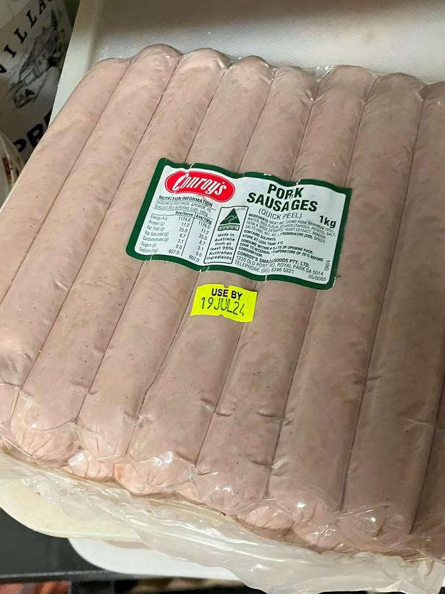 A packet of pork sausages has an expired use by sticker. Photos: Supplied by Courts SA