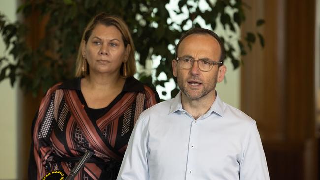 Greens leader Adam Bandt with First Nations spokeswoman Senator Dorinda Cox. Picture: Gary Ramage / NewsWire