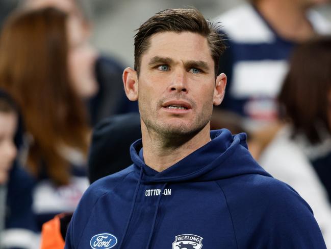 MELBOURNE, AUSTRALIA - MAY 04: Tom Hawkins of the Cats is seen before the 2024 AFL Round 08 match between the Melbourne Demons and the Geelong Cats at The Melbourne Cricket Ground on May 04, 2024 in Melbourne, Australia. (Photo by Dylan Burns/AFL Photos via Getty Images)