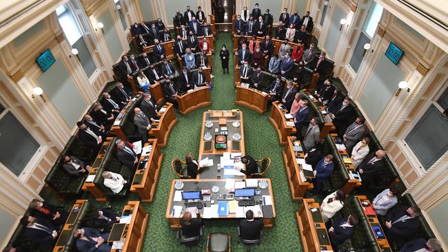 Queensland’s parliament votes on the voluntary assisted dying bill by standing up for yes or sitting down for no. Picture: Dan Peled