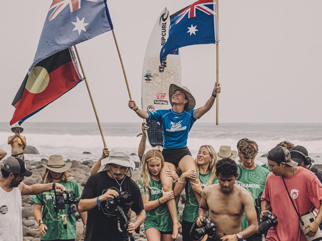 Australian surfer Ziggy Mackenzie celebrating after taking out the under-16 girls gold medal at the 2024 ISA World Junior Surfing Championships at Surf City, El Salvador. Picture: ISA/Pablo Franco