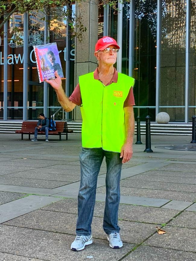 Paul Rogers trying to sell his Big Issue at the law courts. Picture: Jason Gagliardi