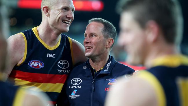 Sam Jacobs of the Crows with coach Don Pyke in August. Picture: AAP Image/Kelly Barnes