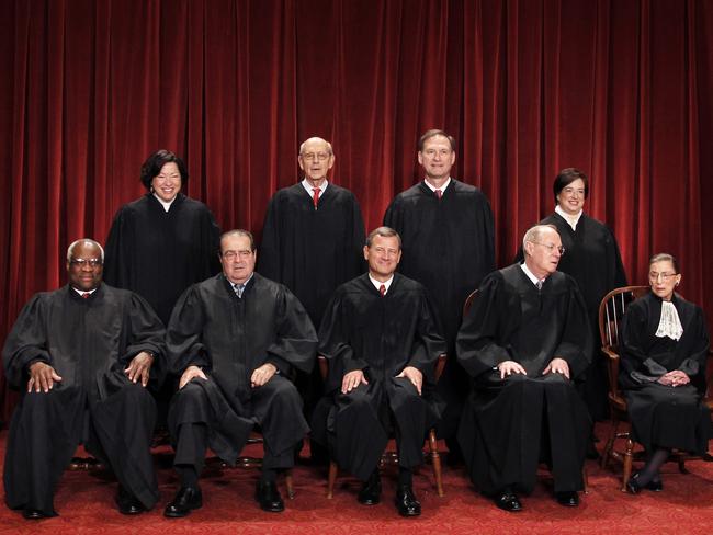 The US Supreme Court, picoted in October 2010. Front row (l-r): Justice Clarence Thomas, Antonin Scalia, Chief Justice John Roberts, Justice Anthony Kennedy, and Justice Ruth Bader Ginsburg. Rear (l-r): Justices Sonia Sotomayor, Stephen Breyer, Samuel Alito Jr, and Elena Kagan. Picture: AP Photo/Pablo Martinez Monsivais