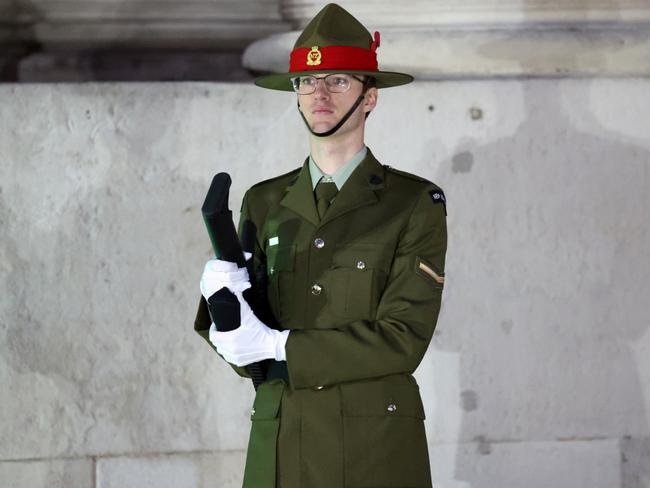 A service member of New Zealand participates in the Anzac Dawn Service at the New Zealand Memorial in London. Picture: Getty Images