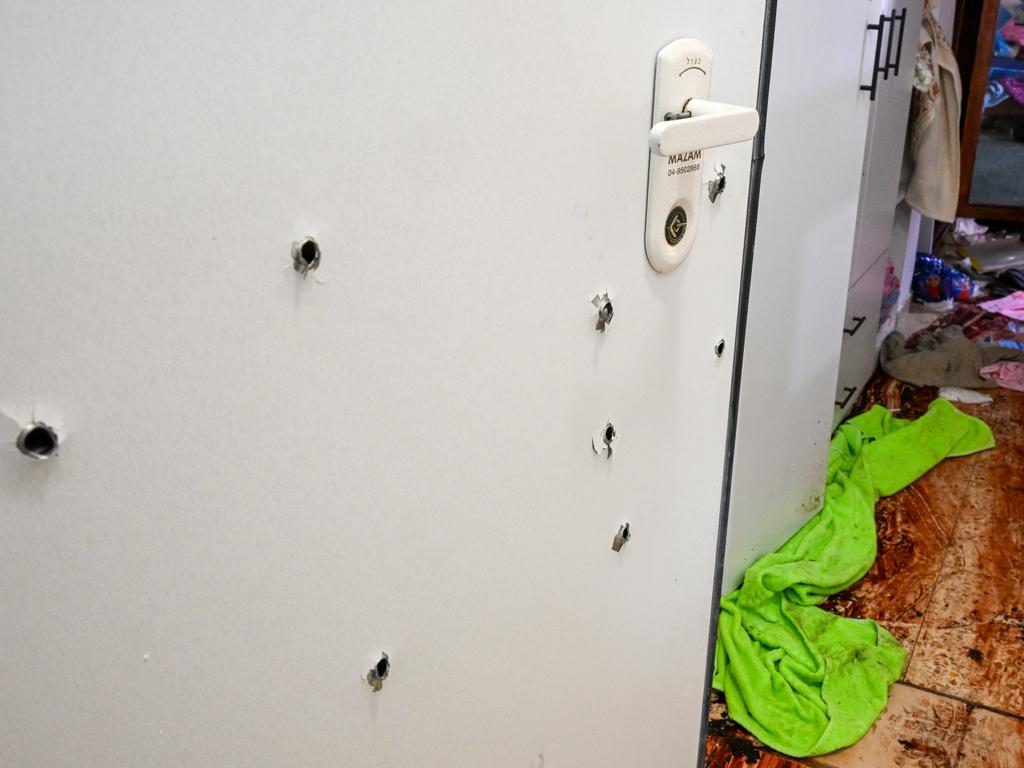 Bullet holes and bloodstains seen in a house in Nir Oz. Picture: Alexi J. Rosenfeld/Getty Images