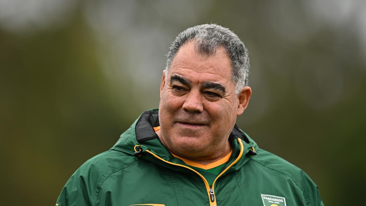 BRISBANE, AUSTRALIA - OCTOBER 13: Kangaroos Coach Mal Meninga looks on during a Australia Kangaroos training session at Norths Devils on October 13, 2024 in Brisbane, Australia. (Photo by Albert Perez/Getty Images)