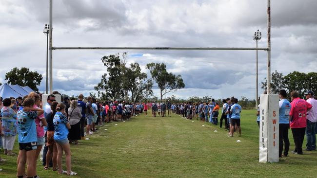 Guests formed a guard of honour between the goalposts for Ethan as he was carried down the field at the Moranbah Miners Leagues Club on March 19.